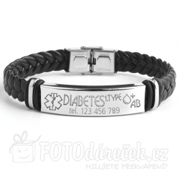 Náramek UNISEX kožený s destičkou z nerez oceli ke gravírování zdravotní - DIABETES